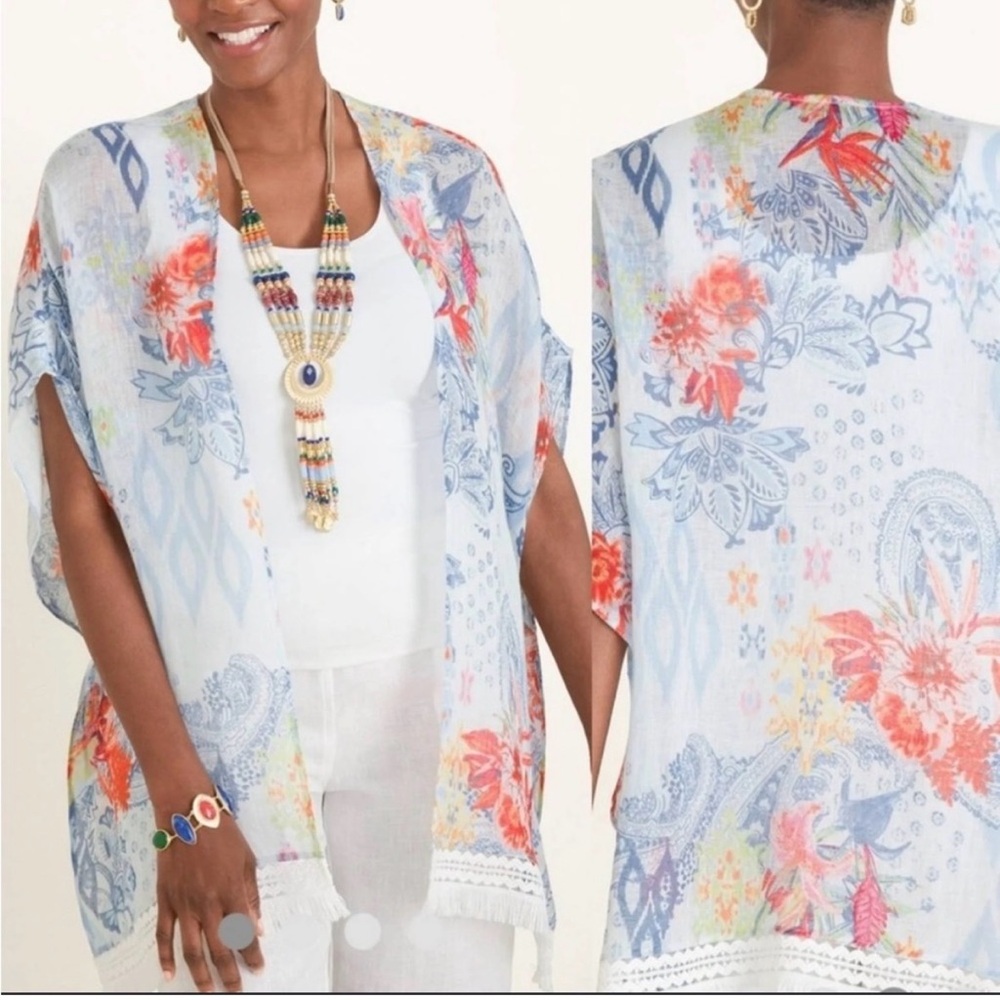 Chico's Ikat Floral Ruana Wrap 100% Linen Size S/M